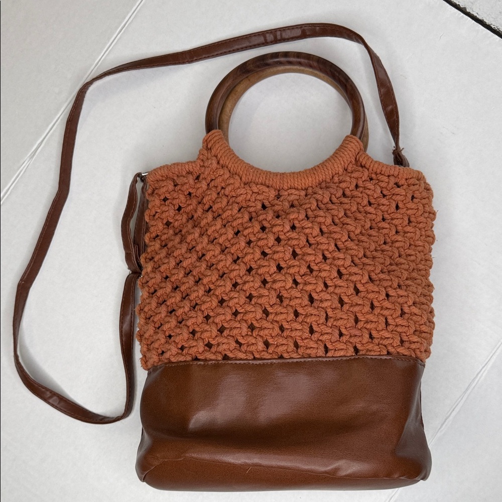 Sonoma Rust Crochet & Brown Leather Shoulder Bag with Wooden Handles
